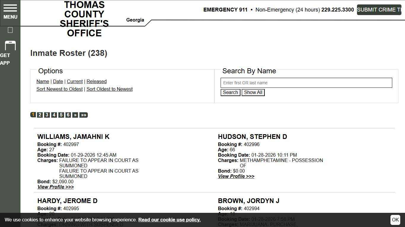 Inmate Roster Thomas County Sheriff's Office Sort Booking Time - Descending Page 1