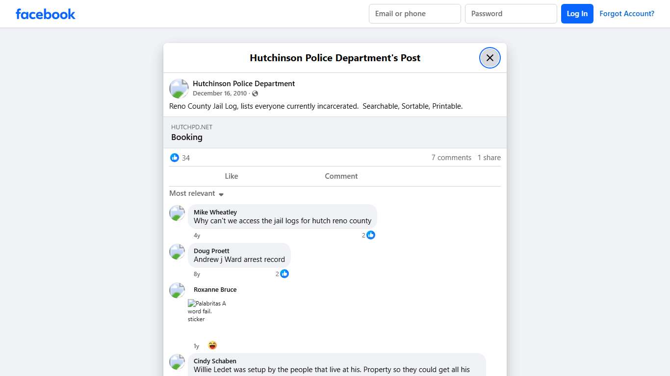 Reno County Jail Log, lists... - Hutchinson Police Department Facebook